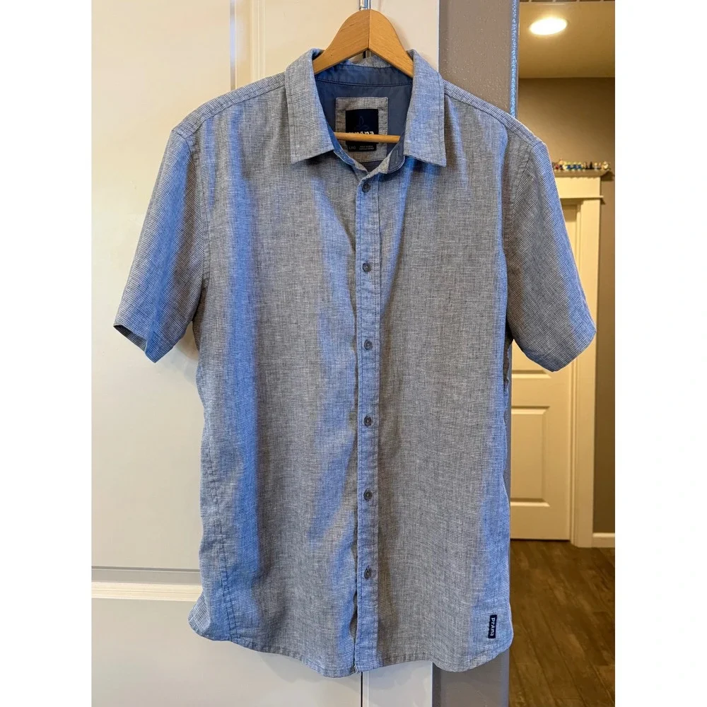 PrAna Men's Short Sleeve L Gray/Blue Textured Button Down Casual Shirt Gorpcore